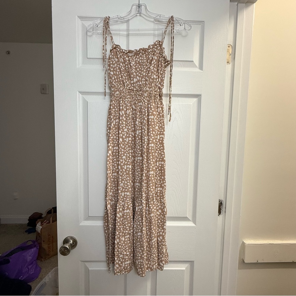 Lush Midi Dress Tan, White-Cheetah Print Ruched Tie Strap Women’s XS